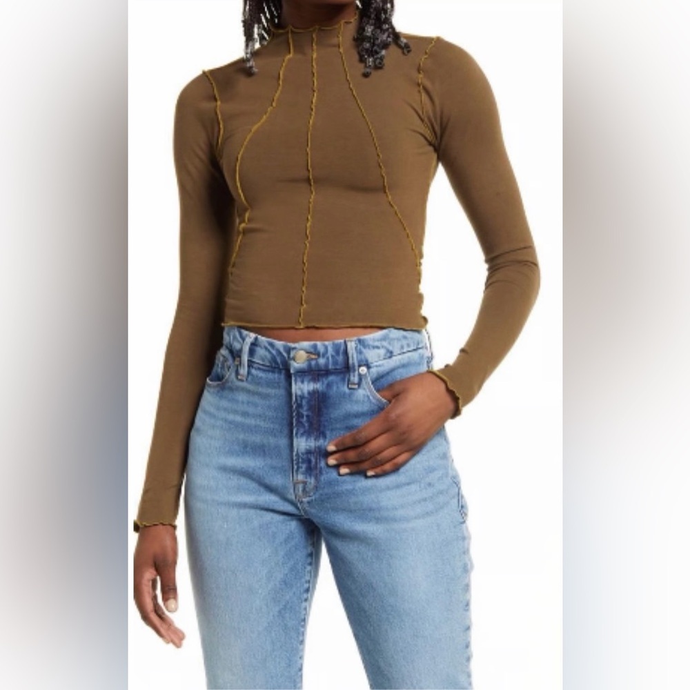NWT Good American Cropped Seamed Olive Green Brown Lettuce Edge Top